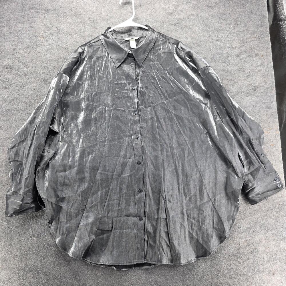 H&M Blouse Tunic Womens XL Black Satin Long Sleeve Collared Relaxed Fit